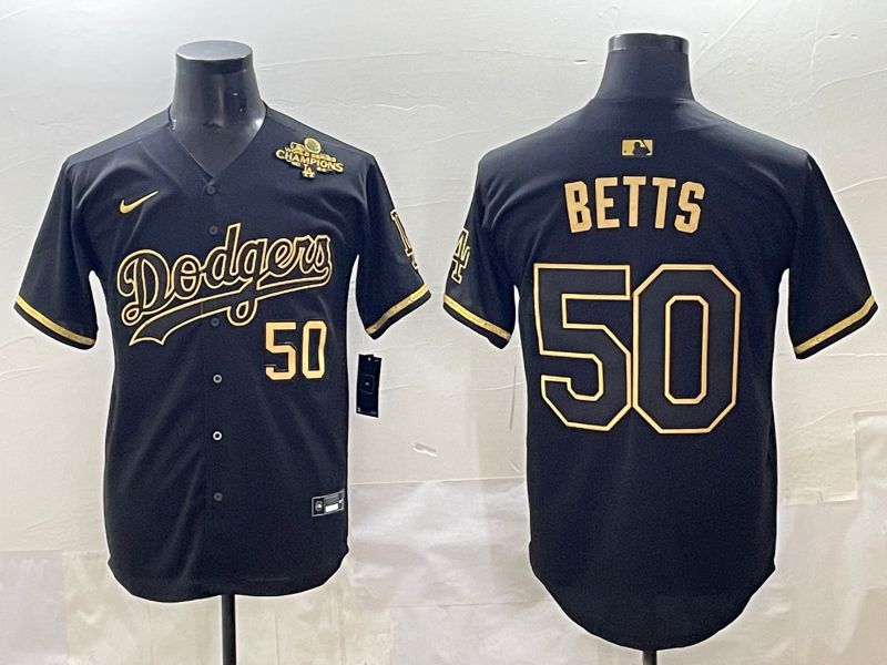 Men 2025 Los Angeles Dodgers 50 Betts Black Gold Five generations Nike MLB Jersey style 4